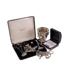 A collection of costume jewellery and silver,  including three paste set necklaces, a gold plated