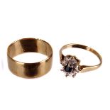 An 9ct gold wedding band,  finger size approx. K/L, together with a sapphire and diamond cluster
