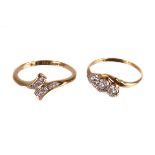 A three stone cross over diamond ring,  illusion set brilliants, to a 9ct yellow gold shank,