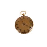 A late 19th century 18ct gold open faced pocket watch,  with gilt and foliate engraved dial, bar