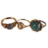 Three 9ct gold and hardstone set rings,  including a shell cameo example, a banded agate, and