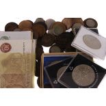 A collection of 20th century coins and paper currency,  both UK and International, including two '
