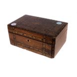 A marquetry jewellery box,  with two paper lined compartments, 25 x 17cm