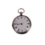 A late 19th century silver open faced pocket watch,  the white enamel dial with black Roman