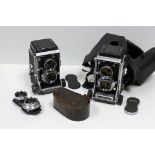 Mamiyaflex Cameras:  a C3 with a C33 both with f/2.8 80mm lenses also an f/3.5 105mm lens pair (a