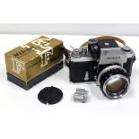 Nikon F Photomic Camera, early example with f/1.4 5.8cm Nikkor and Model 3 meter in box (a lot)