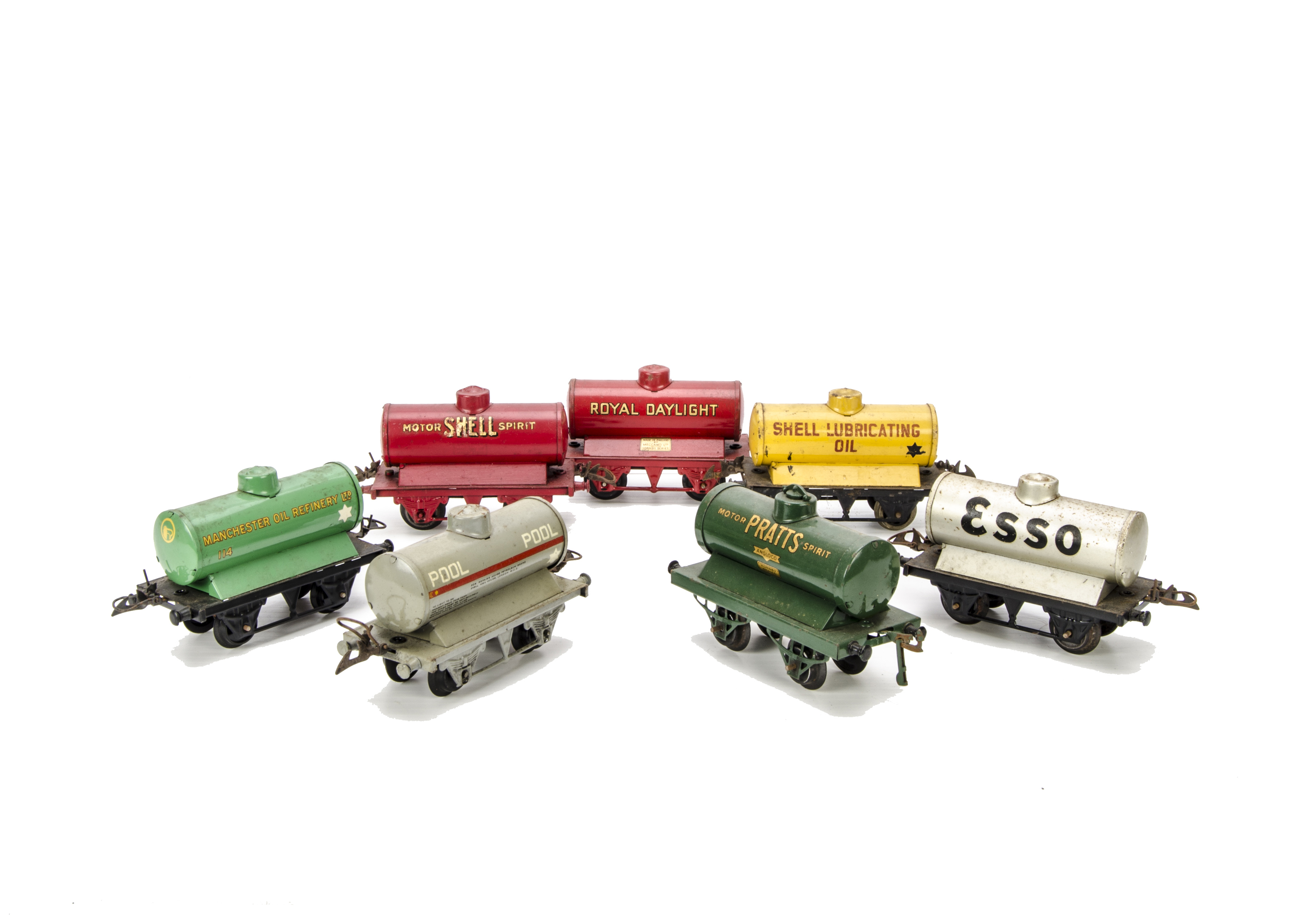 Hornby O Gauge Tank Wagons: including OAG Pratt's in green, VG, Pool in grey and Royal Daylight in