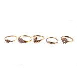 Five 9ct gold and diamond set rings,  various designs,  9.6g gross