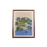 A 19th century Chinese watercolour,  depicting a riverside scene, 29 x 40cm, framed and glazed