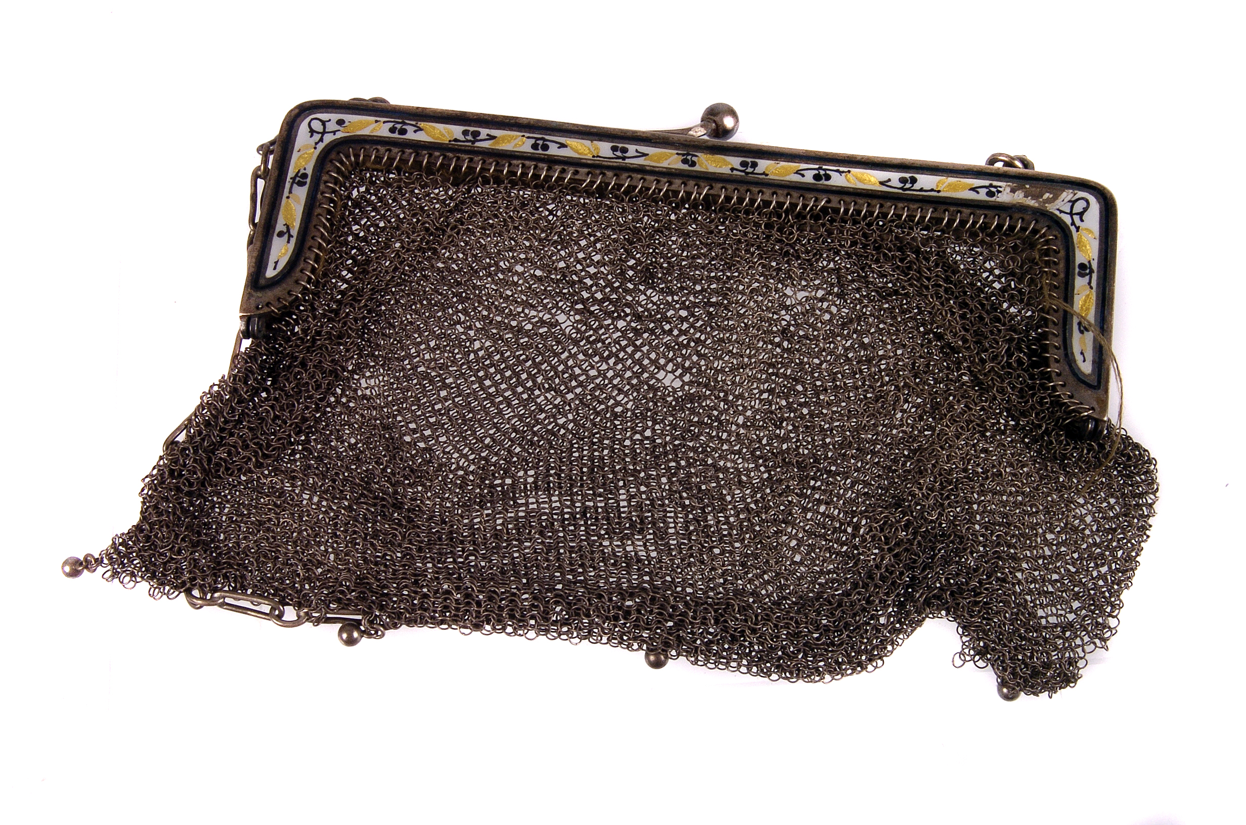 A silver and enamel mail link purse,  with gilt and black enamel border, to a snap clasp, with
