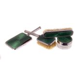 An Art Deco chrome plated and faux enamel brush and mirror set,  together with a quantity of