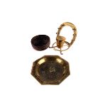 A group of copper and brass items,  including a brass inkwell and desk tidy of equestrian