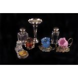 A silver and silver plate mounted glassware,  including a pair of toiletry bottles, a spill vase,