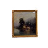 A 19th century oil on canvas,  depicting a Swiss landscape with watermill, unsigned, 32 x 35cm,