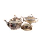 A collection of Regency and later porcelain tea service items, including a creamware teapot with