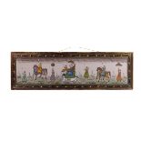 A pair of Indian silk paintings,  each depicting a regal procession, with floral border, 72cm