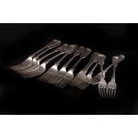 A set of seven early Victorian Newcastle silver dinner and dessert forks by Ried & Sons, fiddle