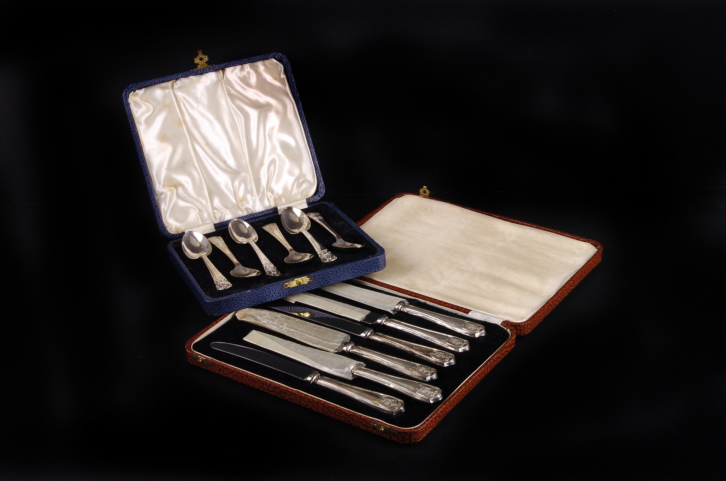 A group of silver and silver plated flatware,  the silver items comprising three cased six piece