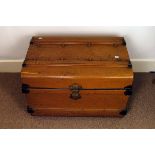 A large painted tin trunk,  69cm long, together with a cantle box, a c.1900s Cadbury's tin, and a