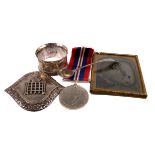 A group of small silver,  including nurses belt with heraldic crest (port cullis, sovereign crown