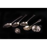 A pair of George III silver Old English pattern table spoons by Whiting,  London 1802, together with