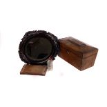 A collection of veneered wooden boxes,  together with an oval mirror, a glass bead belt and other