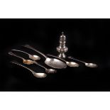 A collection of silver items, including a George V pepper, a George III table spoon and several