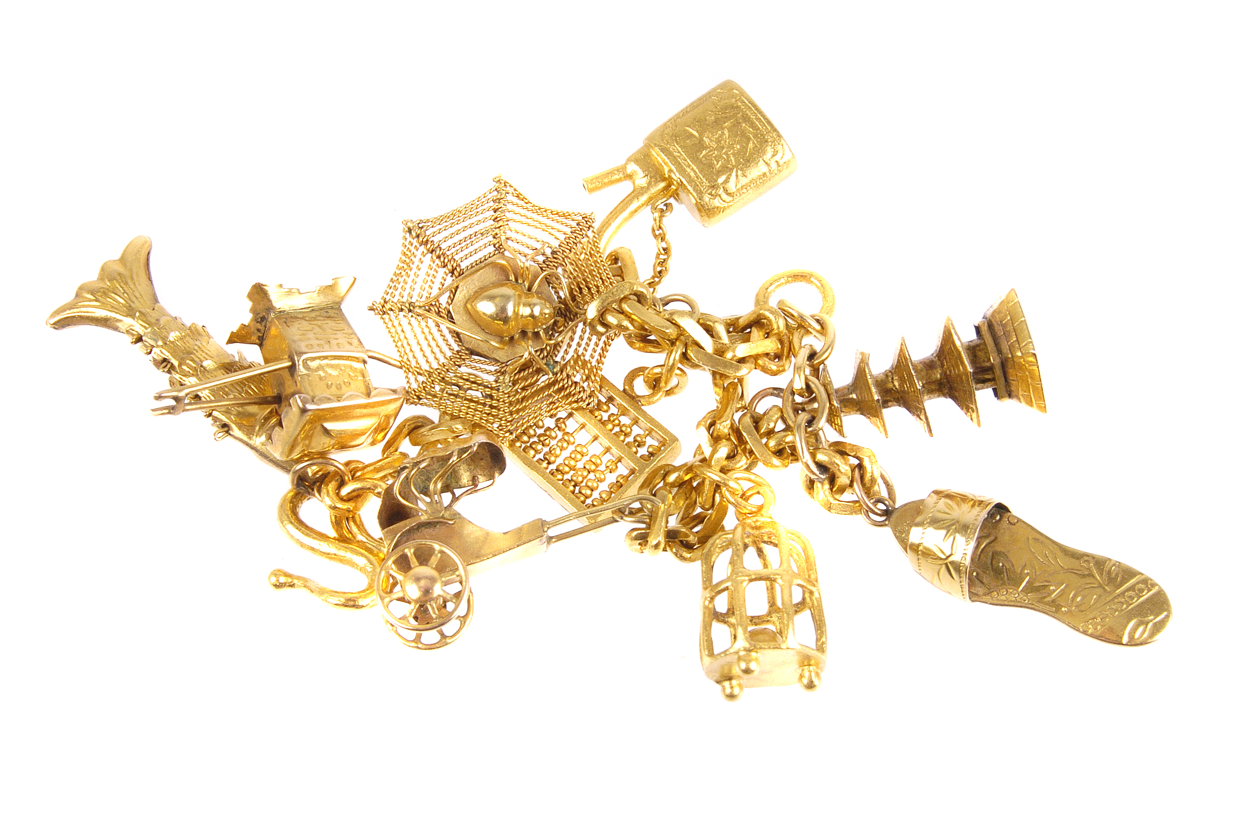 A 22ct gold Chinese belcher link bracelet,  carrying eight 14ct gold Chinese themed charms, 24.9g