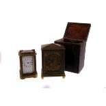 A miniature brass carriage timepiece, with arch lever escapement to movement, together with a