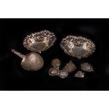 A group of small silver,  including a pair of pierced border bon bon dishes, a Norwegian caddy