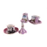 A collection of pink ground souvenir porcelain, from various rural and urban English attractions