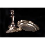 A group of silver plated items,  including a pair of twin branch candelabra, serving dishes and