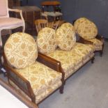 A three piece beg ere suite,  the gold brocade upholstery, surrounded by single  skin cane work,
