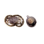 A 19th century mourning locket, the oval frame with portrait to front and plaited hair reverse