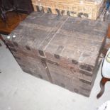 A 19th century iron bound oak silver chest, with name plate and green baize interior, 86cm wide