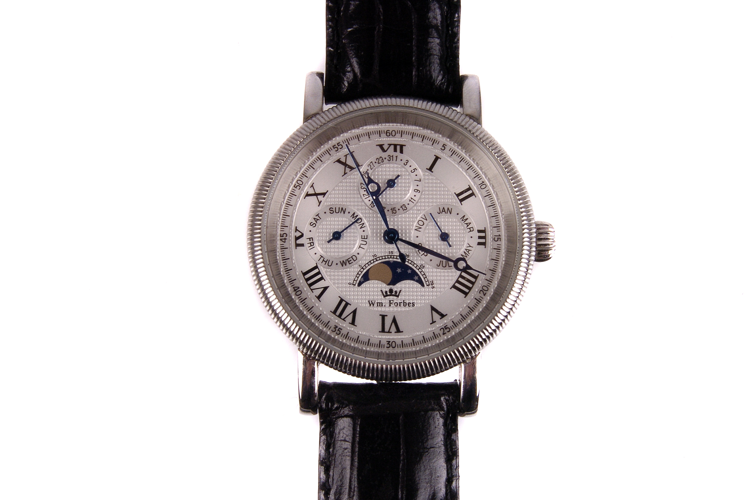 A William Forbes gentleman's stainless steel calendar moonphase wristwatch,  quartz movement, on a