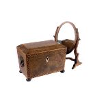 A 19th century walnut tea caddy,  of casket shape with chequered band decoration and bronze mani