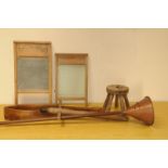 A group of vintage washing utensils, including a wooden dolly, a copper example, a large of