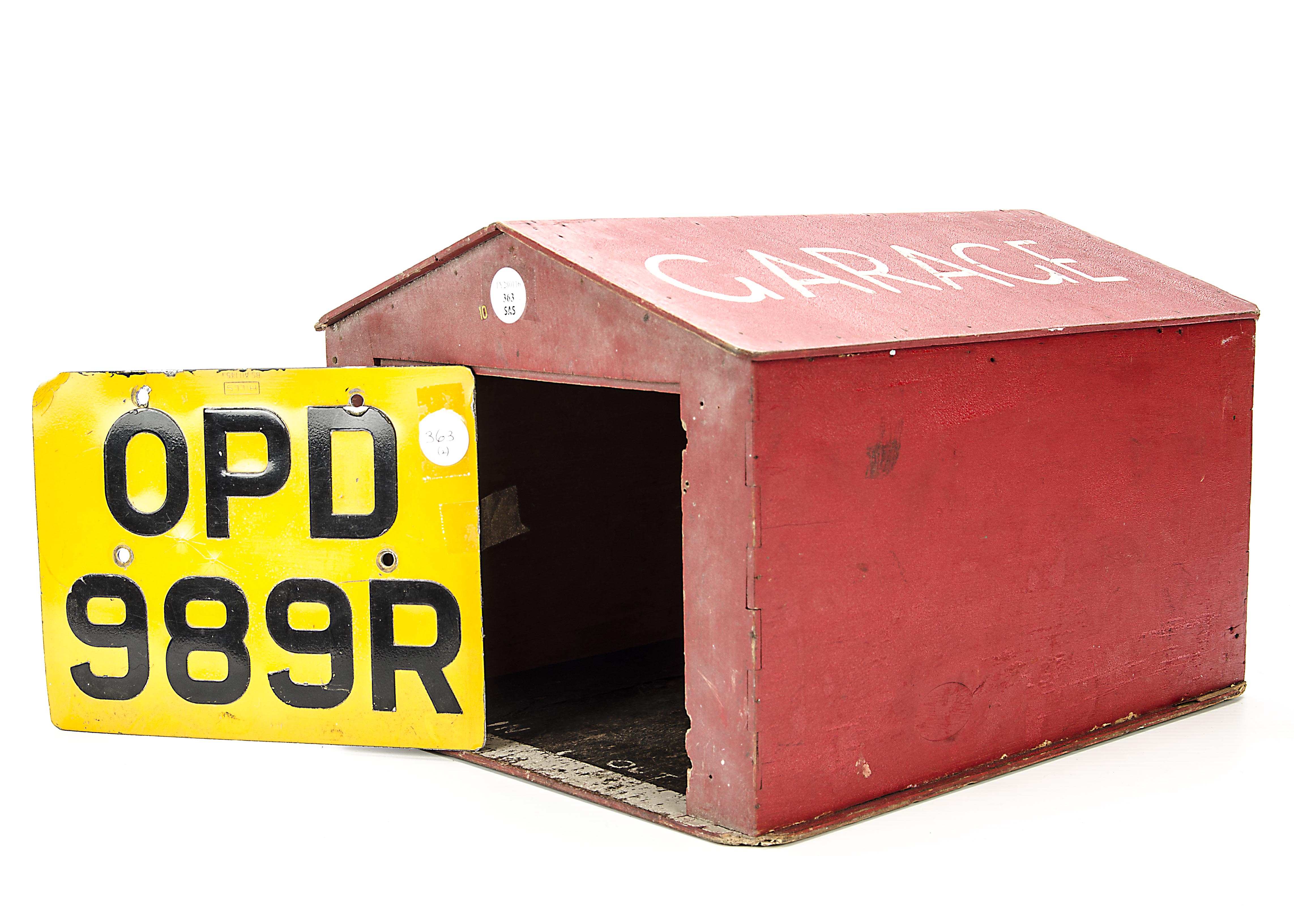 Wooden Garage and Car Number plate, Tony's Garage' painted on the roof, approximately 25x30x38cm,