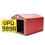 Wooden Garage and Car Number plate, Tony's Garage' painted on the roof, approximately 25x30x38cm,