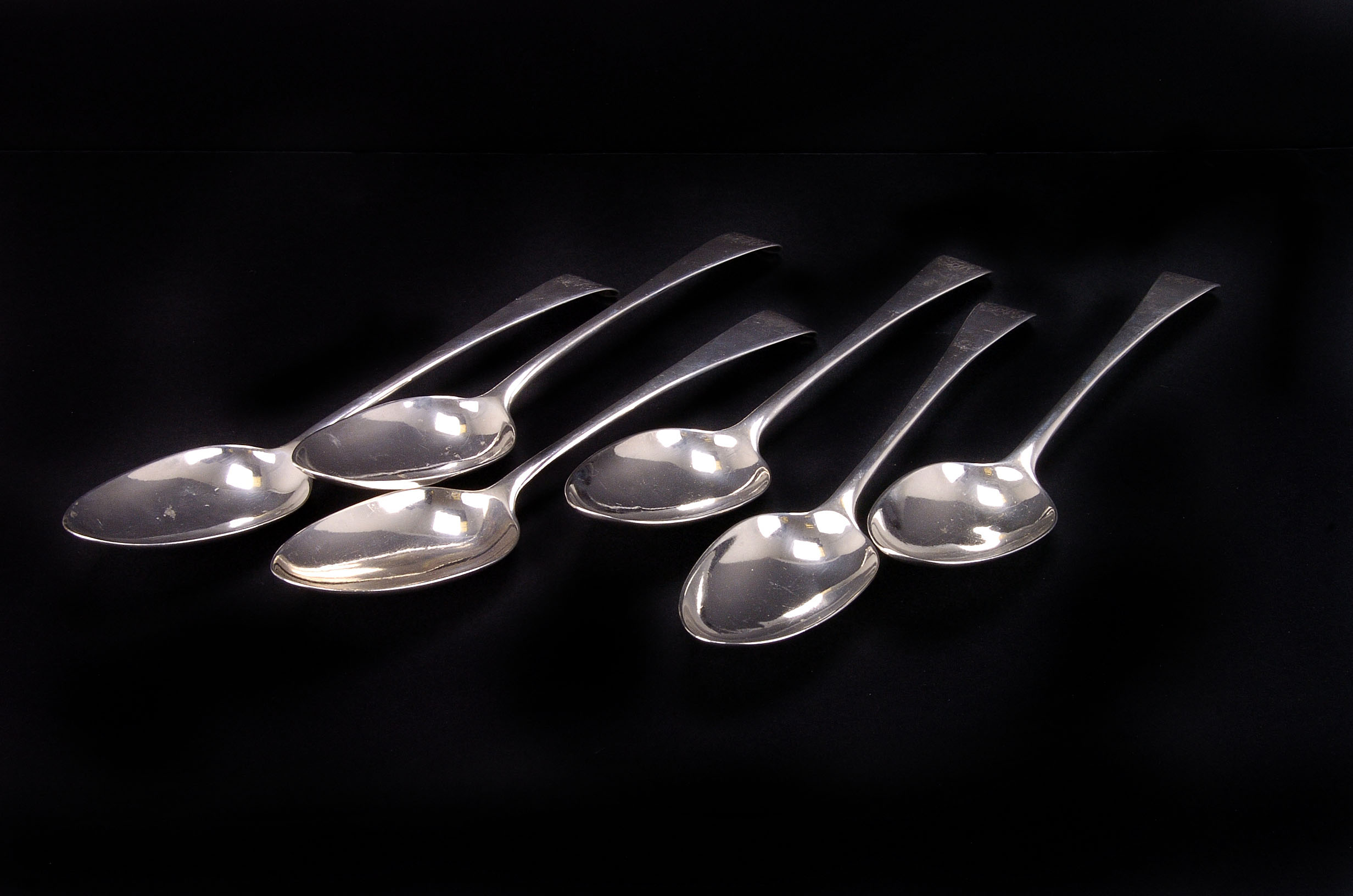 A set of six George III silver table spoons by Richard Crossley, having engraved initials to