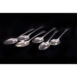 A set of six George III silver table spoons by Richard Crossley, having engraved initials to