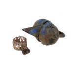 Two Malian copper alloy Dogon rings, one as a disk and cage on trellis shank, the other as a slotted