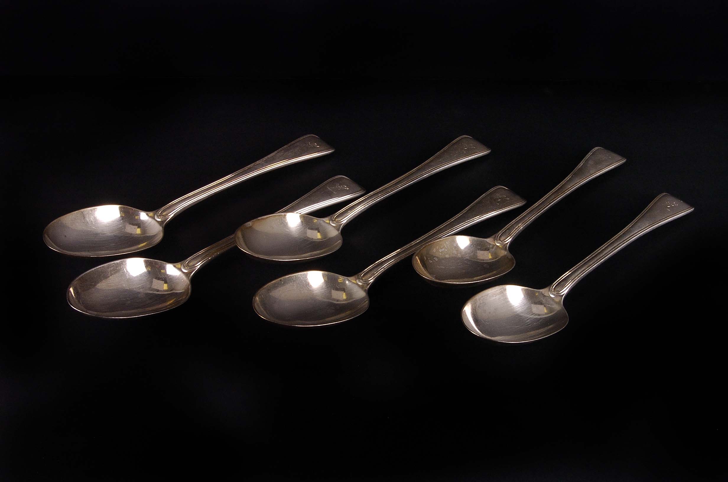 A set of six Edward VII silver tablespoons, London 1903 by P.G. Dodd & Son, with a deer head and