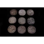 A group of nine Queen Victoria crowns, with dates including 1887, two 1889, 1890, 1891, 1893,