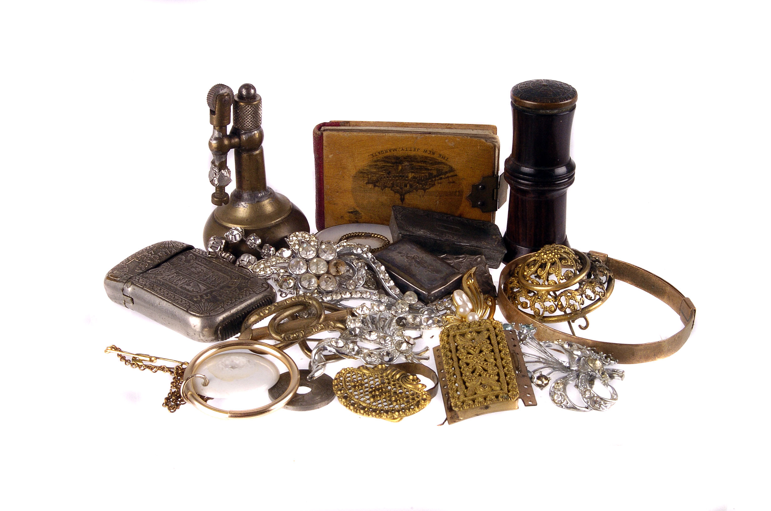 A collection of antique and later jewellery and other items, including a pair of gilt bracelet
