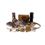 A collection of antique and later jewellery and other items, including a pair of gilt bracelet