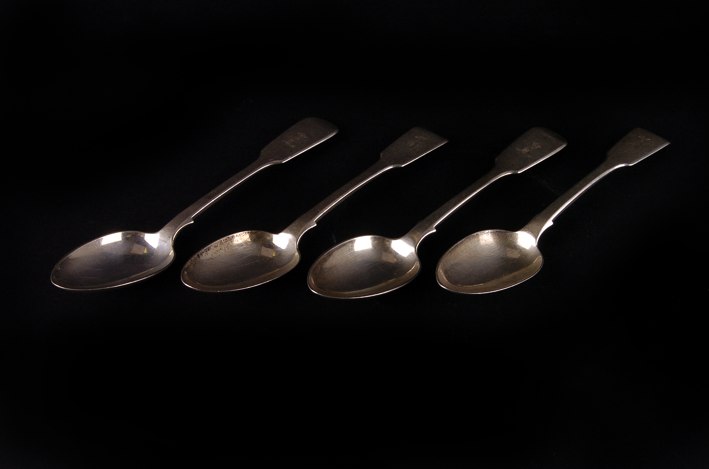 A pair of William IV silver Fiddle pattern dessert spoons by William Eaton, London 1830, engraved