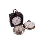 Three early 20th century pocket watches, including a silver example in gun metal case, a silver open