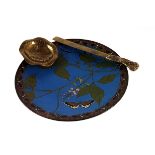 A Taisho period cloisonné dish, with insect and foliate decoration to a blue ground, together with a